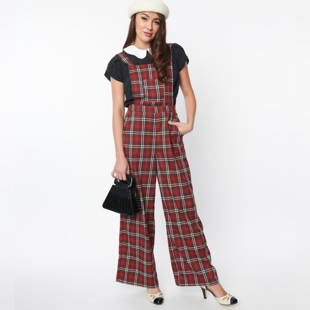 NWOT Altered ModCloth Unique Vintage Royal Monk Plaid Pinafore Overall Jumpsuit